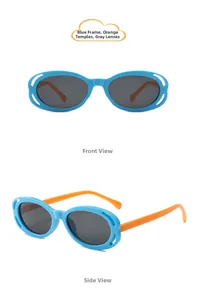 Détails de lunettes de soleil enfant avec monture bleue, branches oranges et verres gris