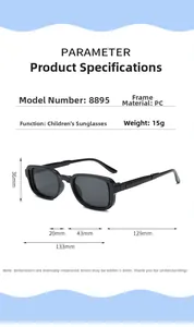 Detailed measurement chart of black UV protection sunglasses for children ages 5-12