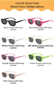 Retro square frame kids sunglasses available in seven vibrant colors for boys and girls