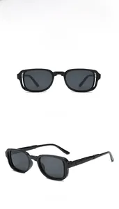 Front and side views of vintage square black frame sunglasses with grey lenses for kids