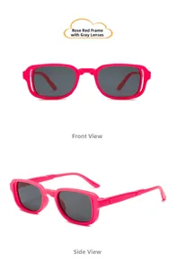 Detailed views of rose red kids sunglasses with grey lenses and stylish cutout frame