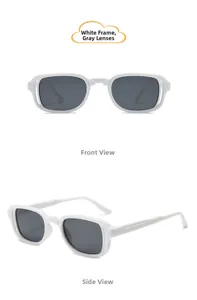 Detailed front and side views of kids' oval sunglasses with thick white frames and grey lenses