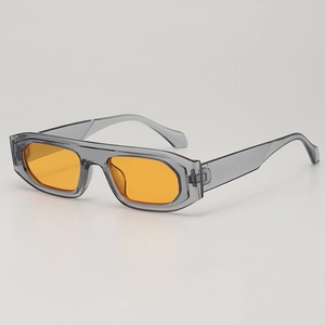Translucent grey rectangular sunglasses with vibrant orange lenses and UV protection