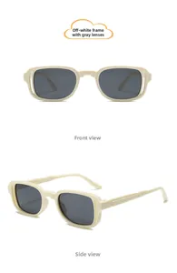 Front and side view of retro cream rectangle kids sunglasses with grey lenses