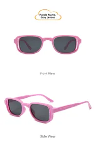 Front and side view of pink wide-frame kids sunglasses with grey lenses for UV protection