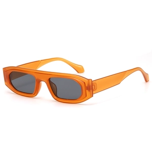 Retro rectangle sunglasses with orange transparent frame and dark lenses at a 45-degree angle