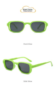 Detail view of neon green rectangular children's sunglasses with gray lenses