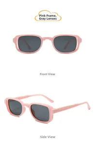 Front and side macro views of pink rectangle sunglasses with grey lenses for kids