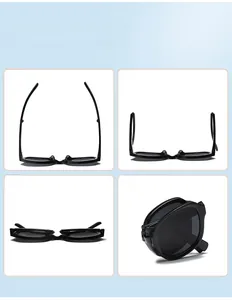 Three-step folding demonstration of compact black kids sunglasses for easy portability
