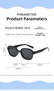 Detailed size guide and measurements for portable folding children's sunglasses model 3012