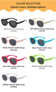 Selection of colorful foldable kids sunglasses with UV protection in seven vibrant frame colors