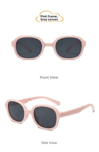 Pink foldable kids sunglasses with grey lenses shown from front and side perspectives