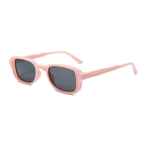 Pink retro square frame sunglasses for children with dark grey lenses in 45-degree view