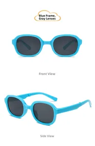 Blue foldable kids sunglasses with grey lenses shown in front and side views