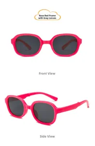 Detail view showing front and side profile of foldable rose red kids sunglasses with grey lens