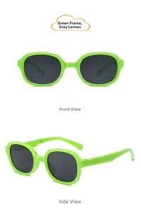 Detail view of foldable neon green kids sunglasses showing the compact folding mechanism