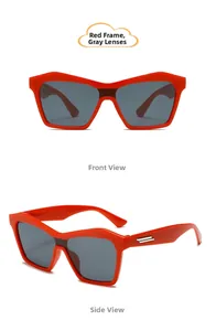 Detailed views of kids hip-hop sunglasses with bright red frames and dark grey lenses