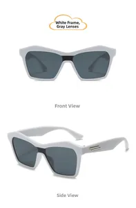 Front and side views of white square frame children's sunglasses with dark grey lenses