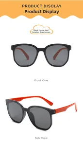 Detail of kids hip-hop sunglasses with black frame, red temples and grey lenses