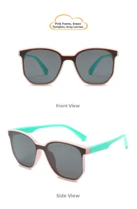 Pink and green dual-tone kids sunglasses showing front and side views on white background