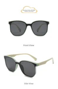 Front and side view of two-tone green and cream UV protection sunglasses for kids