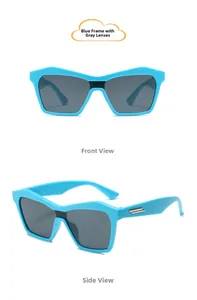 Front and side views of blue hip-hop style kids sunglasses with grey lenses