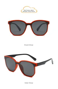 Front and side view of two-tone red and black hip hop sunglasses for children