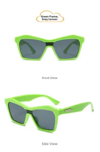 Front and side views of fluorescent green kids sunglasses with dark grey lenses