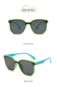 Front and side view of kids hip-hop sunglasses with neon green frame and blue temples