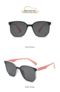 Detailed view of kids hip-hop sunglasses with white frame, pink temples and grey lenses