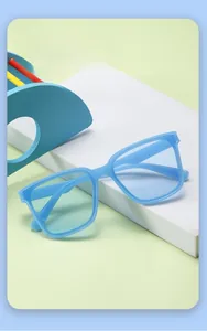 Detail of light blue square frame sunglasses for children with translucent blue lenses