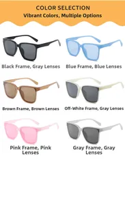 Detailed grid display of six vintage square kids sunglasses in various stylish colors