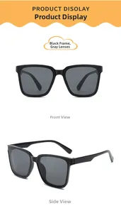 Close-up of square black frame sunglasses with grey lenses for kids from multiple angles