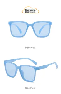Front and side view of premium blue square frame children sunglasses with blue lenses