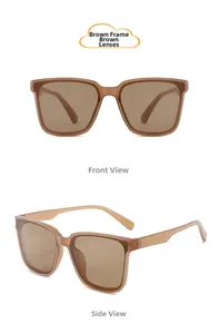 Front and 45-degree side views of retro oversized kids sunglasses in tea brown color