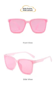 Front and side view of pink square oversized sunglasses for kids with pink lenses