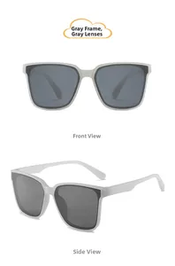 Front and side views of kids square sunglasses with grey translucent frames and dark lenses