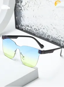 Close-up of children's rimless oversized sunglasses with blue-yellow gradient lenses