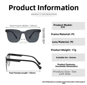 Detailed size specifications for rimless square kids sunglasses with dimensions in mm