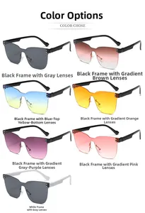 Detailed grid showing seven color options for kids' rimless oversized sunglasses with textured temples