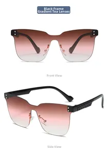 Detail view of rimless children's sunglasses with brown gradient lenses and rivet accents