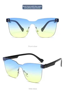 Detail of rimless blue-yellow gradient sunglasses with black woven texture temples