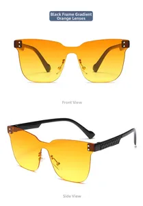 Detail of children's rimless sunglasses with orange gradient lenses and textured black temples