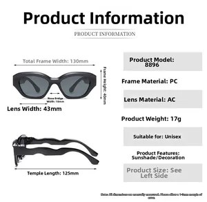 Detailed size chart for kids cat eye sunglasses showing PC frame dimensions and weight