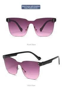 Detail of kids rimless sunglasses with gradient purple lenses and quilted black temples