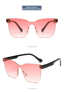 Detail view of children's rimless oversized sunglasses with pink gradient lenses and textured temples