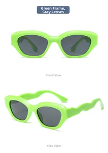 Front and side view of neon green cat-eye sunglasses with wavy temples and grey lenses