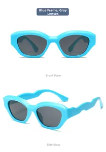 Detailed views of kids' blue wavy frame sunglasses with grey lenses and sporty design