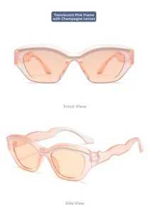 Detailed front and side view of kids sunglasses with wavy pink frames and champagne lenses