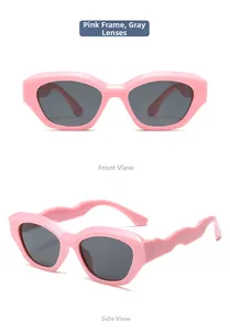 Kids pink wavy temple sunglasses with grey lenses showing front and side views